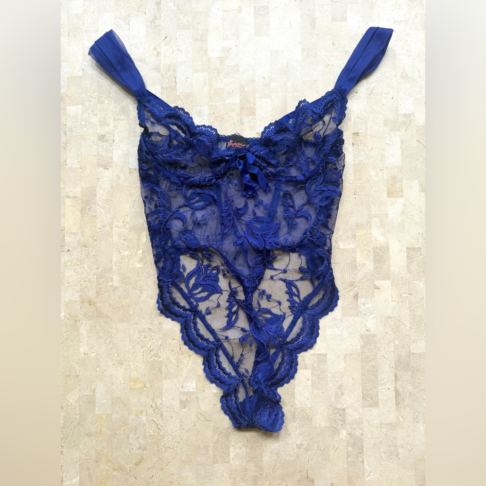 Vintage Frederick's of Hollywood Y2K Blue Lace Teddy Bodysuit Coquette Cyber L - Picture 1 of 8